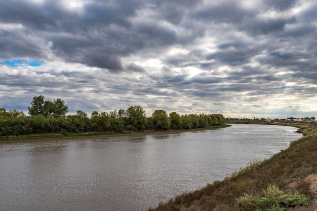 The bed of a calm plain river