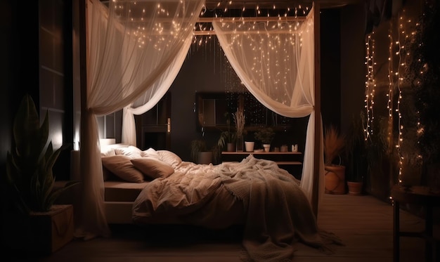 A bed in a dark room with a white canopy with a string of lights hanging from it.