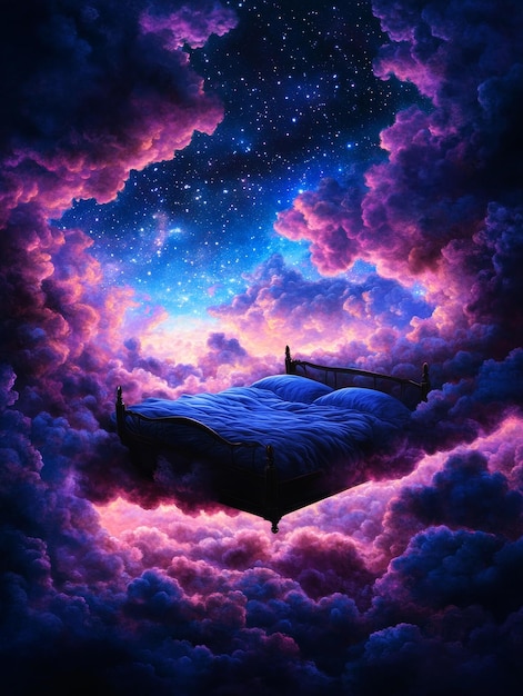 Photo a bed floats amongst fluffy pink and purple clouds bathed in the glow of a starry night sky d