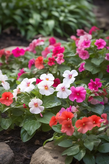 Photo a bed of flowers with the pink and white petunias in the background