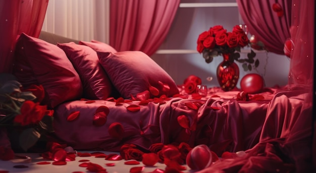 the bed is decorated with red balloons and red roses