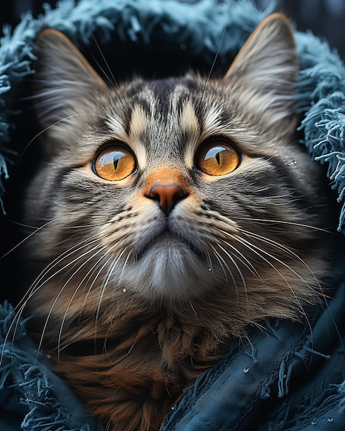 The bed kitty is a Maine Coon that is wrapped in a blanket It i