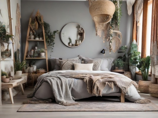 Bed between ladder and plant in green boho bedroom interior with grey carpet under lamp