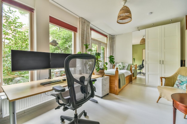 Bed near window in modern apartment