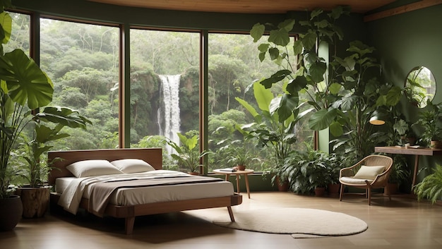 a bed in a rooBedroom with a large window looking out onto a jum with a waterfall in the background