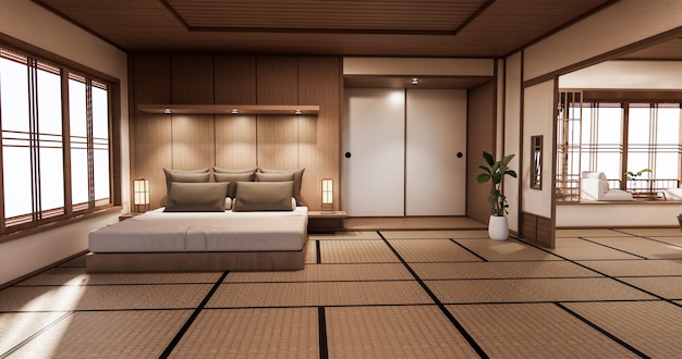 Bed room japanese design on tropical room interior and tatami mat floor