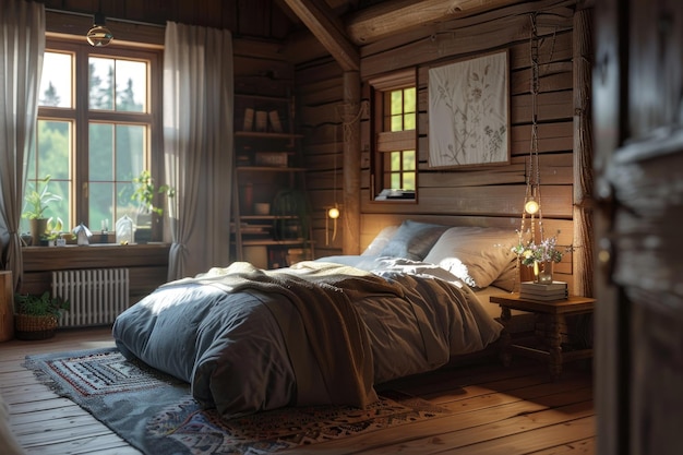 bed in room Scandinavian interior Rustic bedroom