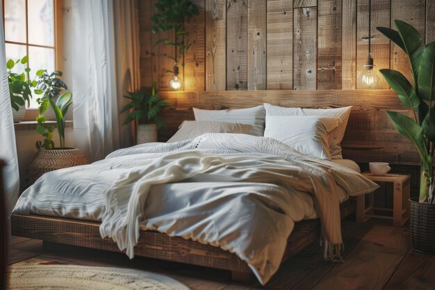 bed in room Scandinavian interior Rustic bedroom