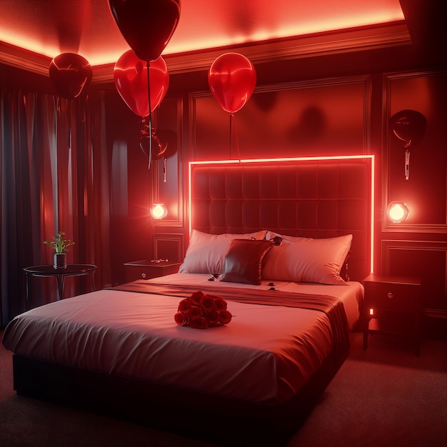 a bed with balloons on it and a red light in the background