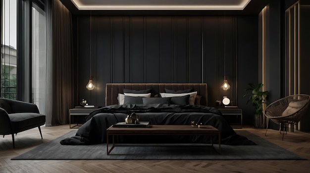 a bed with a black cover and two lamps on the side