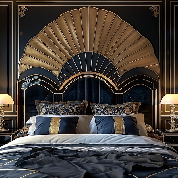 Photo a bed with a black and gold headboard and a large window with a decorative arch