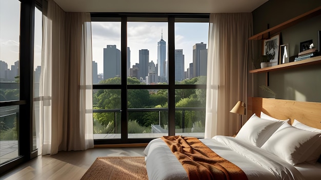 a bed with a blanket on it and a city skyline in the background