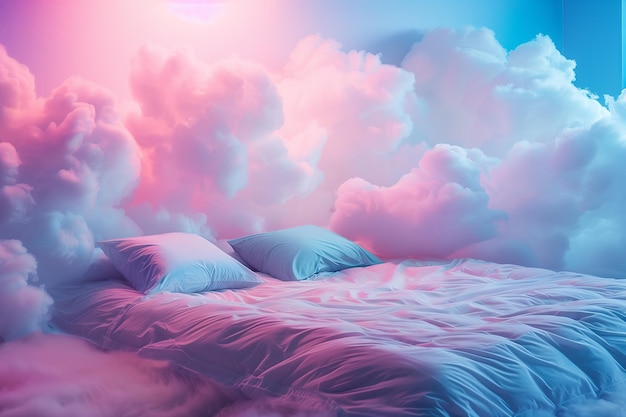 A bed with a blanket and pillows floating in the sky among the clouds