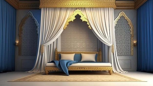 A bed with a blue blanket and a gold headboard