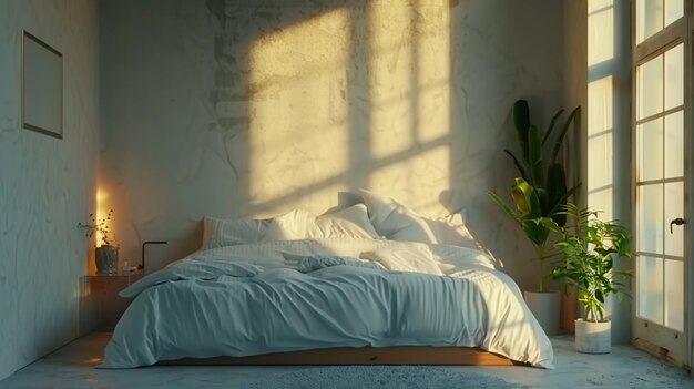 a bed with a blue comforter and a plant in the corner