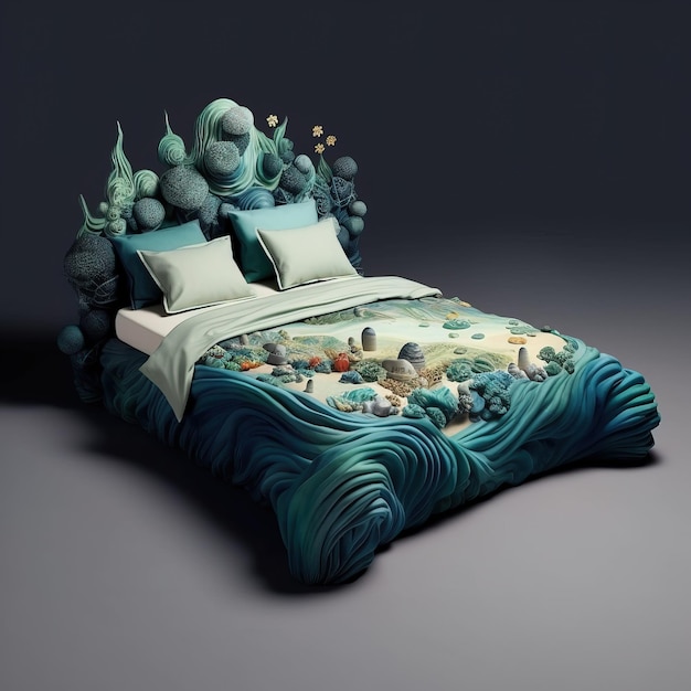 a bed with a blue and green bed spread