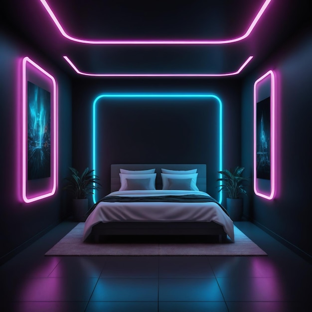 Photo a bed with a blue neon light above it