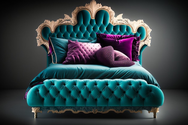 A bed with a blue and purple bed frame and a gold headboard.