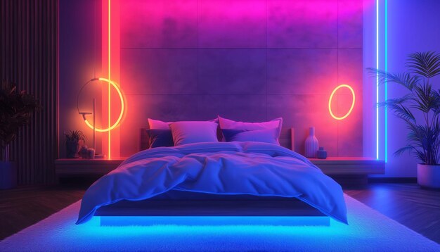 a bed with a blue and red neon sign that says quot circle quot