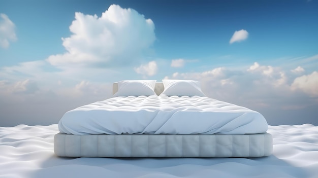 A bed with a blue sky and clouds in the background