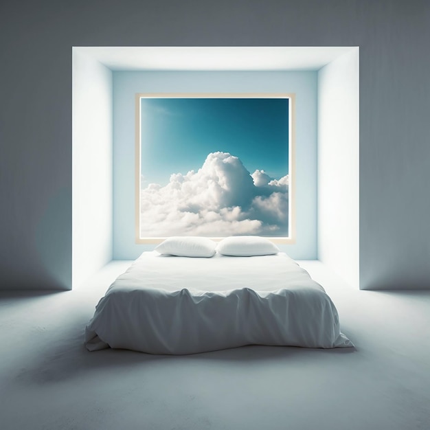 A bed with a blue sky picture on the wall