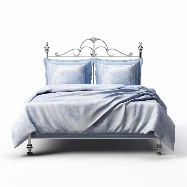 a bed with a blue and white comforter and a silver headboard