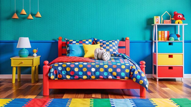 Photo a bed with a blue and yellow bedding and a red wooden frame with a teddy bear on it