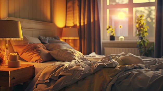 a bed with a brown comforter and a lamp on it