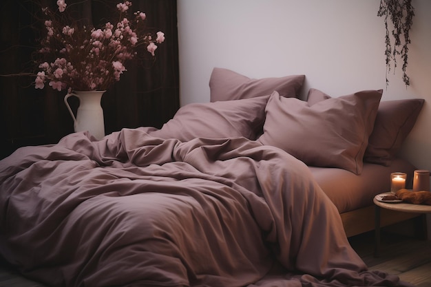 Bed with brown silk luxury bed linen and pillows bouquet in a vase on the background