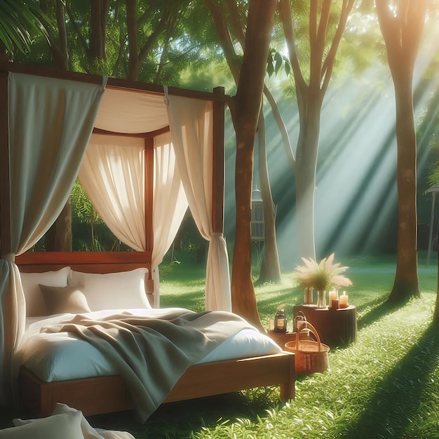 a bed with a canopy and a canopy with a canopy over it