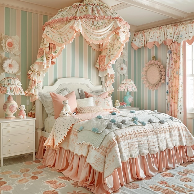 a bed with a canopy over it and a bed with a pink and white bedding