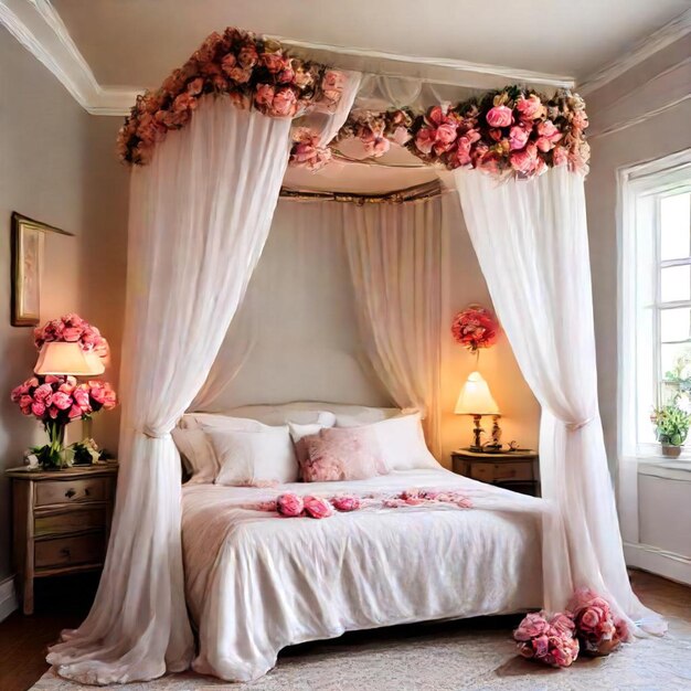 a bed with a canopy over it and flowers on the bed