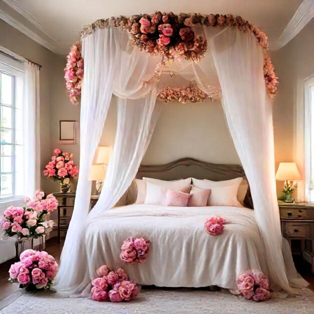 a bed with a canopy over it and flowers on the bed