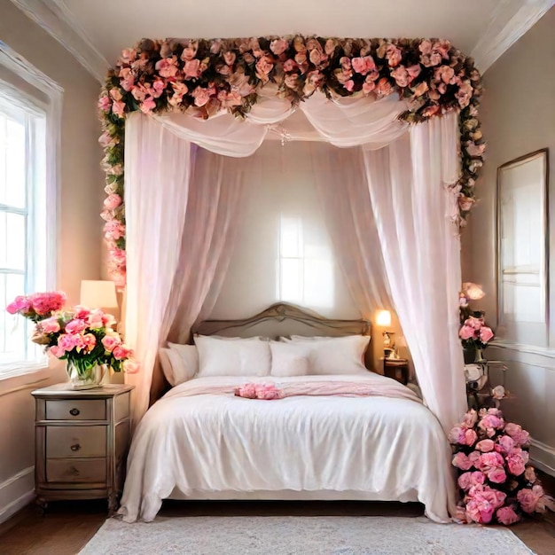 a bed with a canopy over it and flowers on the bed