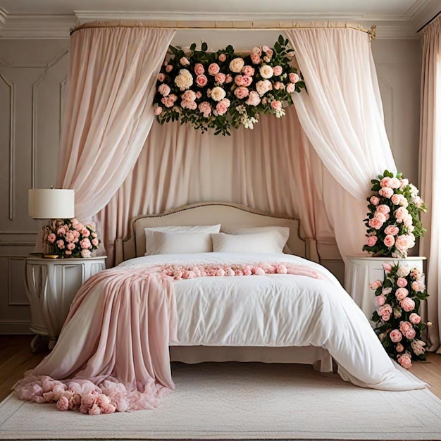 a bed with a canopy over it and a pink curtain that says  spring