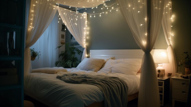 A bed with a canopy over it with a string of lights hanging from it.