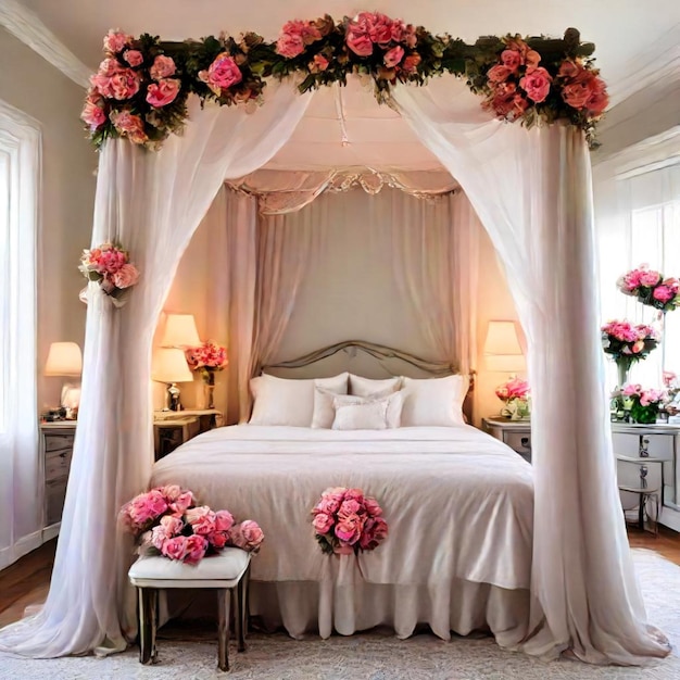 a bed with a canopy that says  flowers  on it