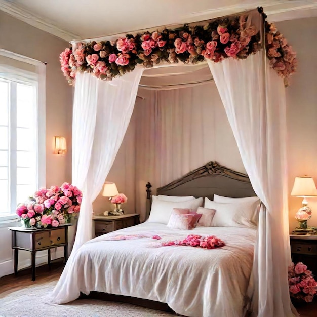 a bed with a canopy that says  roses  on it