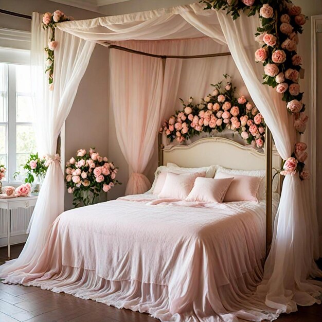 a bed with a canopy that says  spring  on it