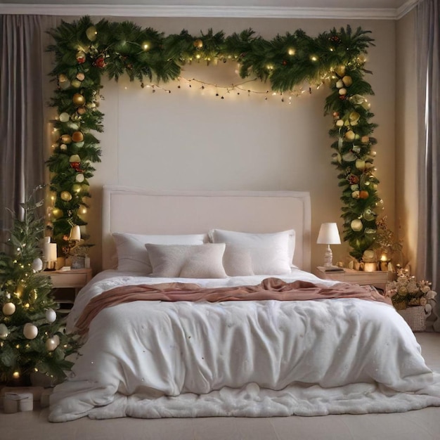 a bed with a christmas tree and lights on it