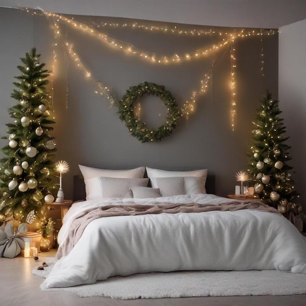 a bed with a christmas tree and a sign that says  peace