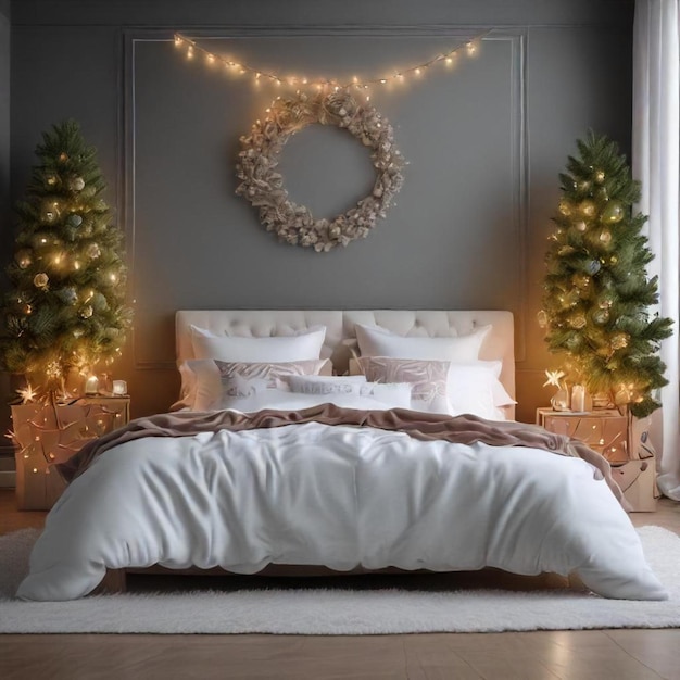 a bed with a christmas wreath hanging above it