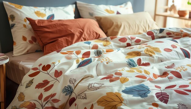 A bed with a colorful floral print blanket and pillows