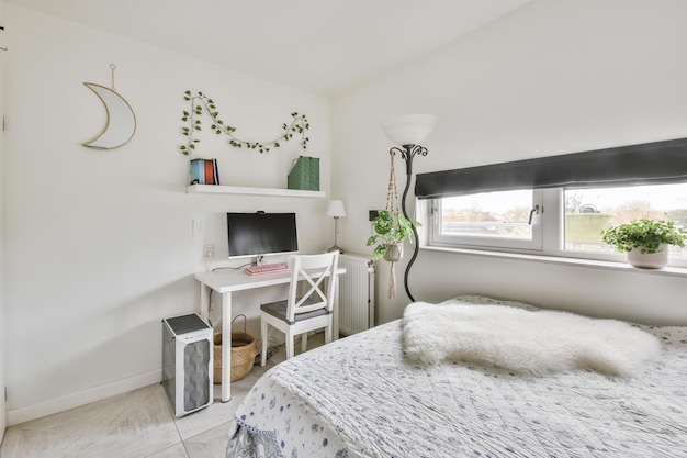 Bed with colorful pillows near window