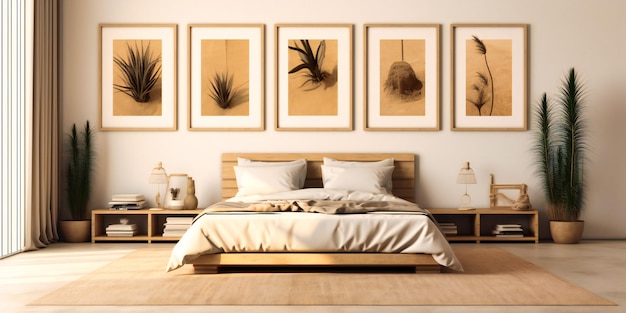 A bed with a few natural plants and baskets