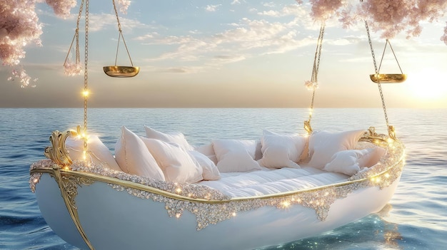 Photo a bed with a floating platform and a hanging scale of lights