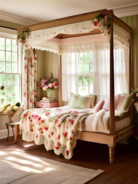 Photo a bed with a floral canopy and a pink flowered canopy