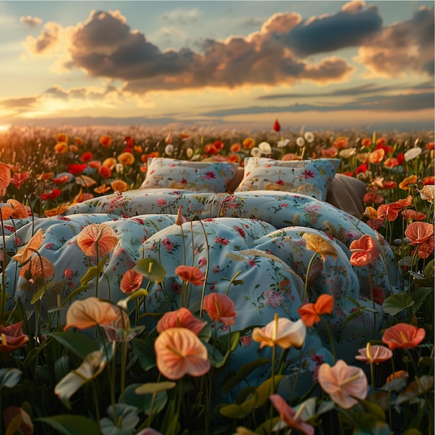 a bed with a flowered blanket and a sun setting behind it