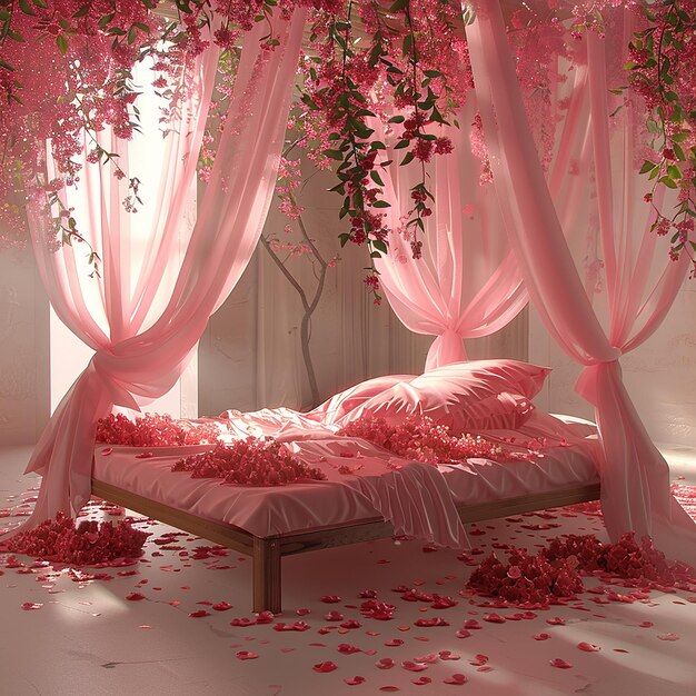 Photo a bed with flowers and a bed with a pink canopy