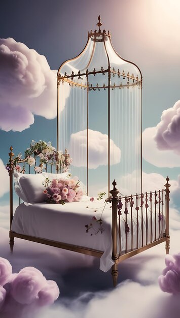 Photo a bed with flowers on it and the clouds in the background